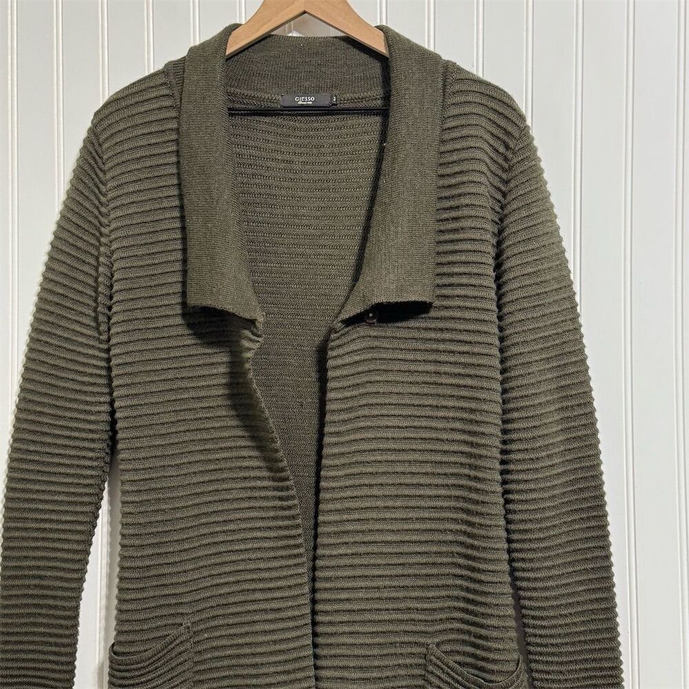 GIESSO 70%‎ Wool Blend Ribbed Long Coatigan Shawl Collar Cardigan Sweater 3 M/L - Picture 3 of 9
